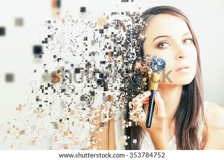 makeup artist woman doing make-up. Using cosmetic brush applying eye shadow on face for yourself. Photo effect of pixelated decomposition. Beauty salon with white background