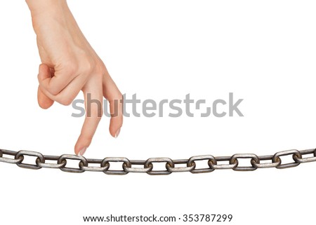 Womans fingers walking on chain on isolated white background