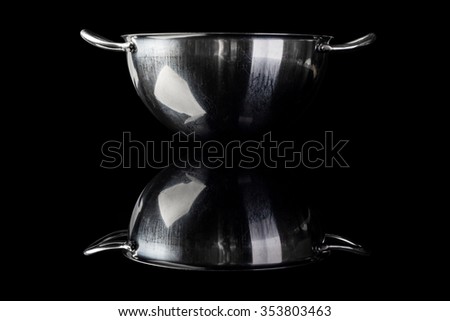 Stainless steel bowl on black background from side with reflection