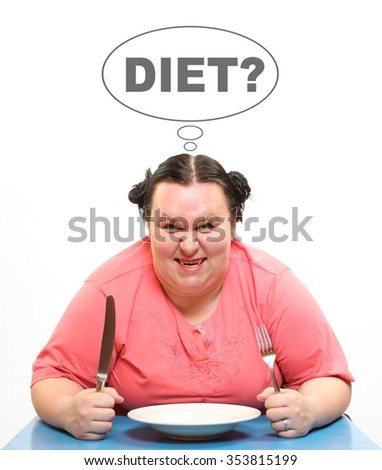 Hungry obese woman and empty plate with comic bubble over head. Picture on slimming theme.