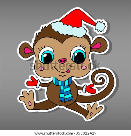 Funny cartoon hand drawn  sticker, Happy New Year 2016, vector illustration logo design. Doodle cute cut out monkey isolated on gray background. Christmas card with a kid monkey in applique style.