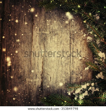 Christmas design - Merry Christmas. Xmas wreath card with with copyspace on wooden background