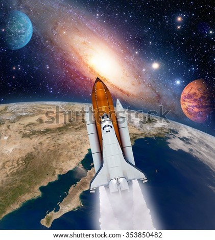 Shuttle rocket ship launch milky way galaxy mars planet solar system space. Elements of this image furnished by NASA.
