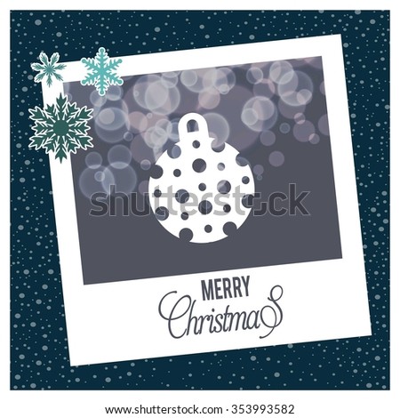 Christmas Ball Ornaments card Design. photo frame with Snowflake border and creative typography in footer on glowing Vector background