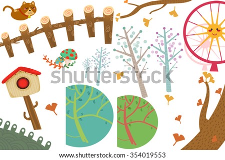 Clip Art Set: The Wonderland Objects: Cat, Postbox, Ginkgo Tree, Ferris Wheel. Realistic Fantastic Cartoon Style Artwork / Story / Scene / Wallpaper / Background / Card Design
