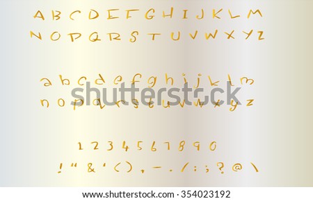English font set. Alphabet, numbers and symbols. Golden font type.