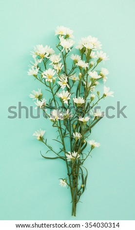 Little white flower  bouquet with leaves on green background.