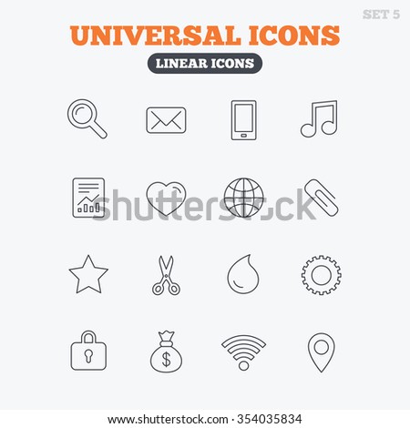 Universal icons. Smartphone, mail and musical note. Heart, globe and share symbols. Paperclip, scissors and water drop. Linear icons on white background.