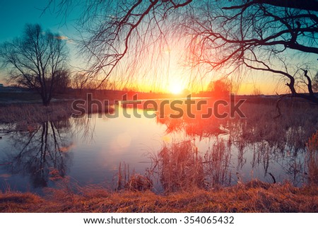 Rural landscape. Sunset over lake