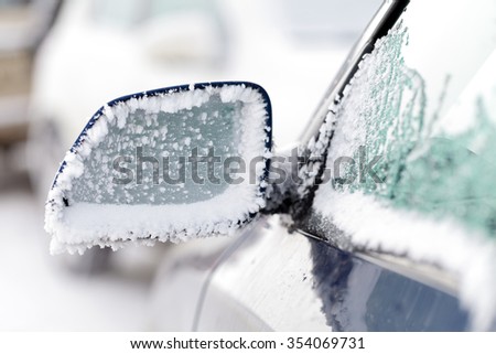 Picture of an iced car mirror and window
