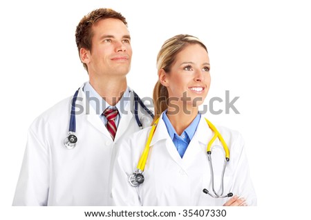 Smiling medical people with stethoscopes. Isolated over white background
