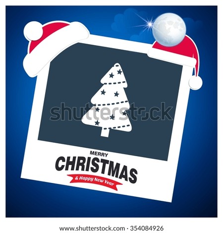 Abstract Christmas Tree. Photo frame with Santa Hat on top and Merry Christmas typography on glowing Snowflakes Vector background
