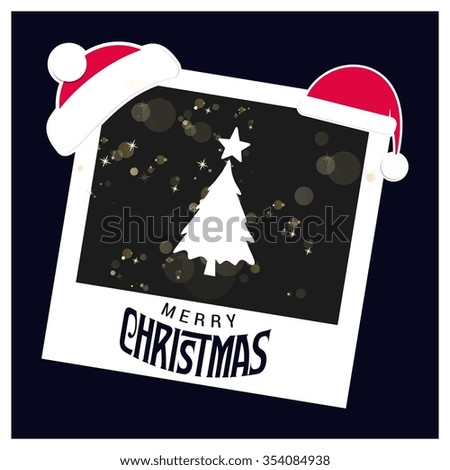 Creative Christmas tree Card. Photo frame with Santa Hat on top and Merry Christmas typography on glowing Snowflakes Vector background