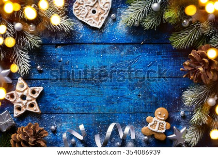 Christmas background with christmas cookies and festive decoration