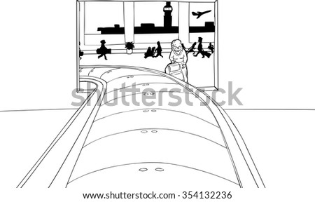 Outline of woman framed by baggage claim portal in airport