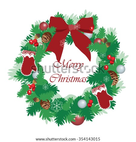 Christmas festive wreath with red viburnum, baubles decorations, gloves and bow. Vector