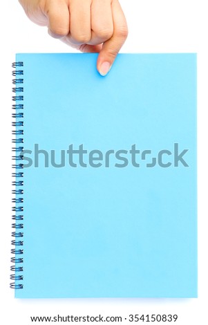 Woman hand holding blue blank paper isolated on white background.