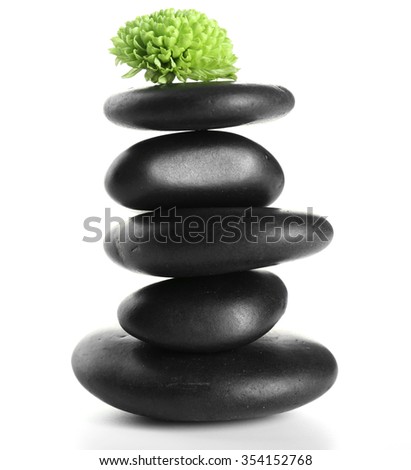 Black spa stones and green flower, isolated on white