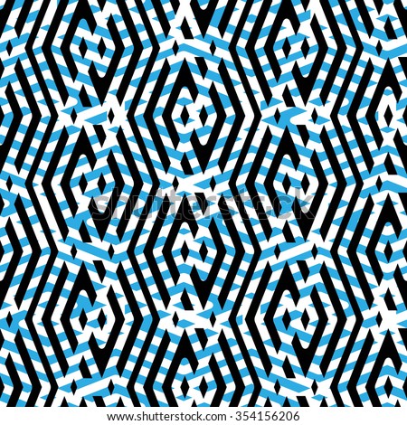 Geometric lined seamless pattern, vector endless background. Symmetric decorative motif texture with intertwine rhombs created from black lines. Blue ornate covering, best for web and graphic design.