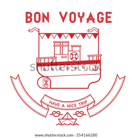 Illustration of cruise ship caravel with decorative bow, greeting text for a traveler.