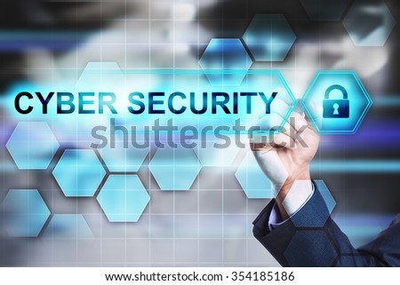 Cyber security concept. businessman pointing on virtual screen  with text and icons.