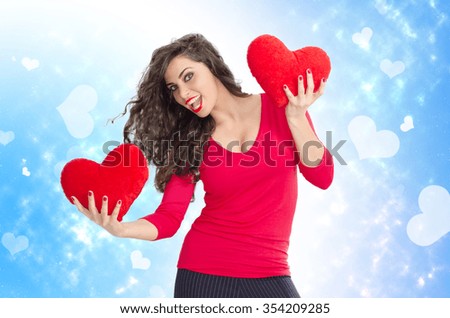 Happy beautiful girl holding plush hearts, Valentines day concept. photo manipulation 