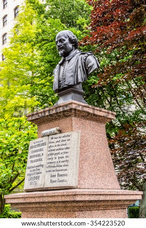 A bust of William Shakespeare in the St Mary Aldermanbury Garden, London. The bust is a memorial to John Heminge and Henry Condell who printed the first folio of Shakespeare's work.