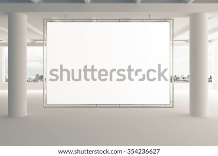 Blank billboard in empty white office with pillars and city view, mock up 3D Render