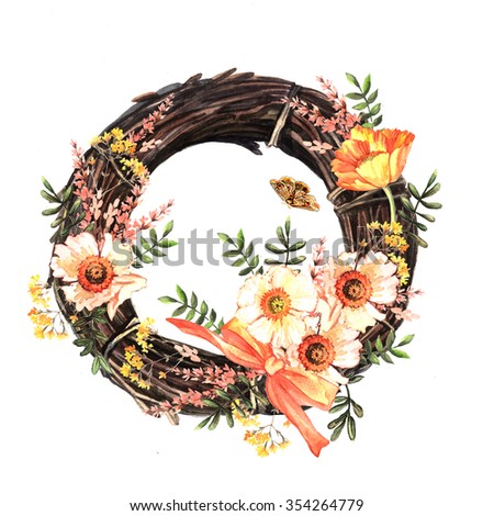 Spring watercolor wreath with flowers. Isolated object. Illustration for greeting cards, invitations, and other printing projects.