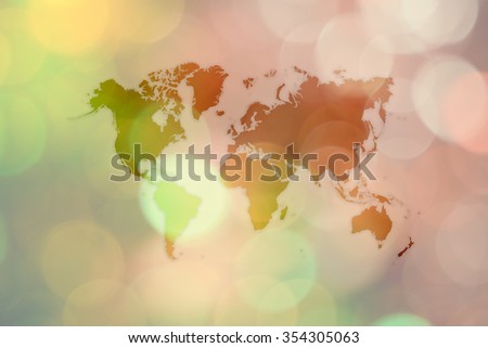 Abstract bokeh background of Christmas tree  for merry christmas Xmas and happy new year , process in vintage style with world map (Outline elements of world map image from NASA public domain)