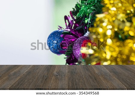 Wood terrace and Christmas tree decoration for merry christmas Xmas and happy new year