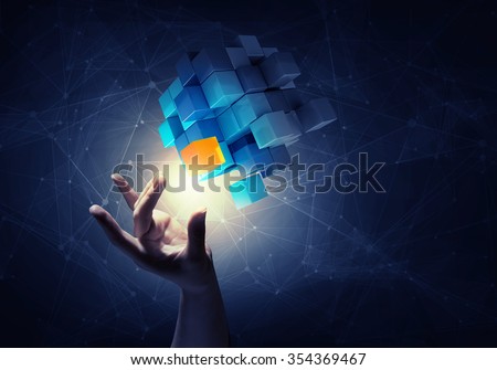 Businesswoman hand touch cube as symbol of problem solving  Royalty-Free Stock Photo #354369467