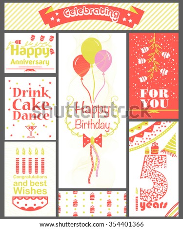 Set of vector birthday party design elements, greeting cards, invitation, template, candles, balloons, ribbon, banners in red white colors, illustration