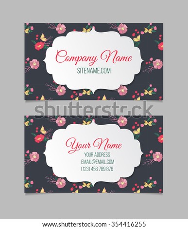 Double-sided floral business card with hand drawn small flowers and butterfly.