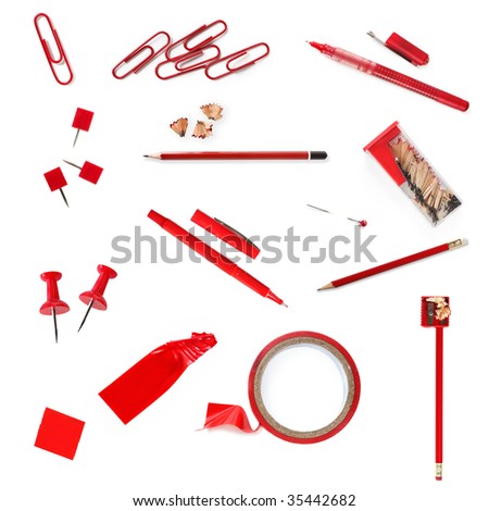 Collection of red stationery, including paperclips, pushpins, pencils, pens, pins, sharpener, and tape.  Isolated on white.
