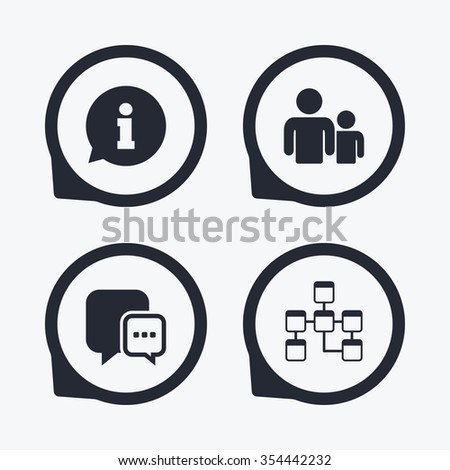 Information sign. Group of people and database symbols. Chat speech bubbles sign. Communication icons. Flat icon pointers.
