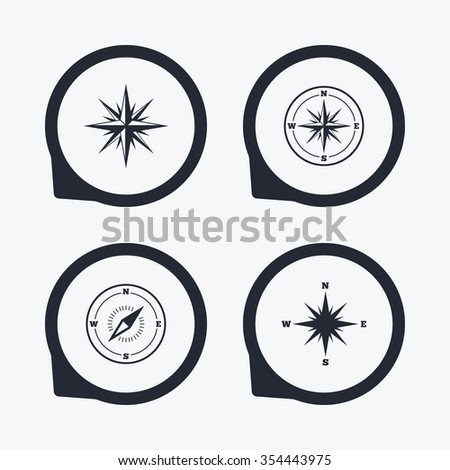 Windrose navigation icons. Compass symbols. Coordinate system sign. Flat icon pointers.
