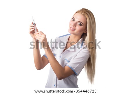 Young blond doctor woman with syringe isolated on white