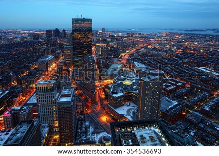 An aerial night view of Boston city center, Massachusetts