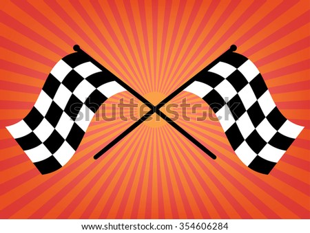 Two finish checker flags crossed on orange sunrays background. Vector illustration victory concept design.