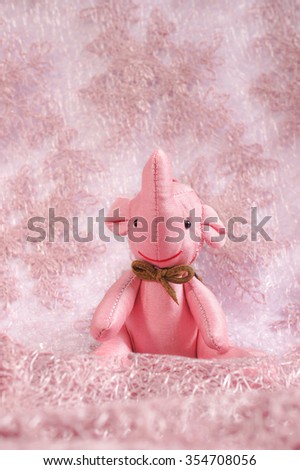 Baby Pink Elephant Plush Soft Toy isolated on a Pink Lace Background, Sweet Pink Pastel