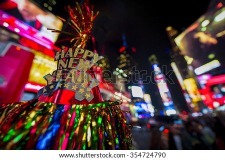 Happy New Year hat with colorful decoration in Times Square New York City