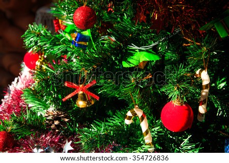 Christmas decoration, pine cones,gift,baubles,on christmas tree