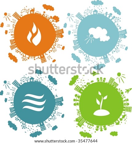 conceptual illustration of 4 globes with icons of natural elements on