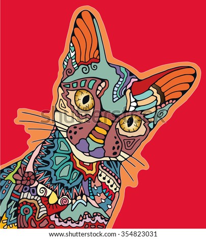 Hand drawn stylized cat with decorative tribal ethnic ornament. Graphics for t-shirt, poster, isolated element for invitation or card design, tattoo style, colorful vector illustration