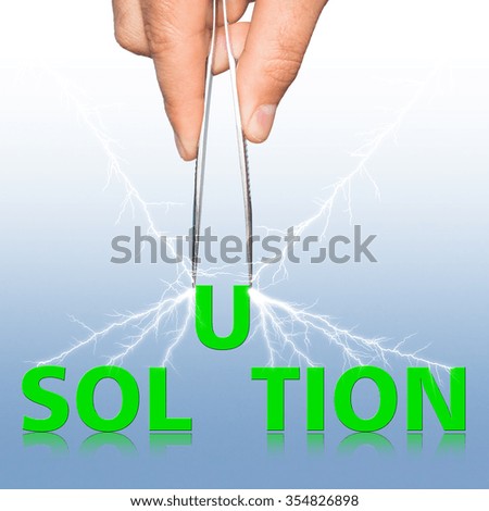 Hand with tweezers and word solution, business concept