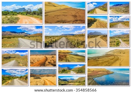 African gravel road pictures collage of different famous National Parks of Africa including Karoo, Camdeboo, Mountain Zebra in South Africa and Sandwich Harbour in Namibia, Africa. 
