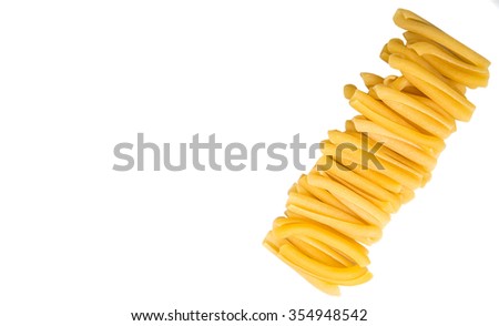 Dried casarecce pasta or long twist pasta shape over white background