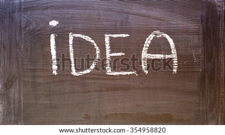 hand written idea word on dark wooden chalkboard