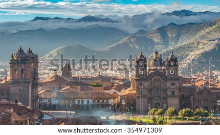 Morning sun rising at Plaza de armas with Adean Moutain and group of cloud, Cusco, Peru Royalty-Free Stock Photo #354971309